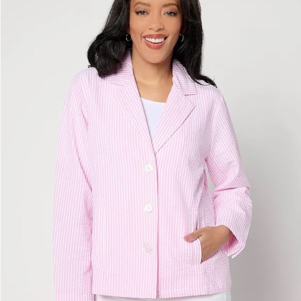 Ralph Lauren Cotton Striped Seersucker Pink Blazer with Notched Lapels Size M